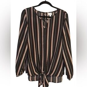 Dress Barn XL Red Black Beige Stripe Blouse – Keyhole Neck & Waist Tie